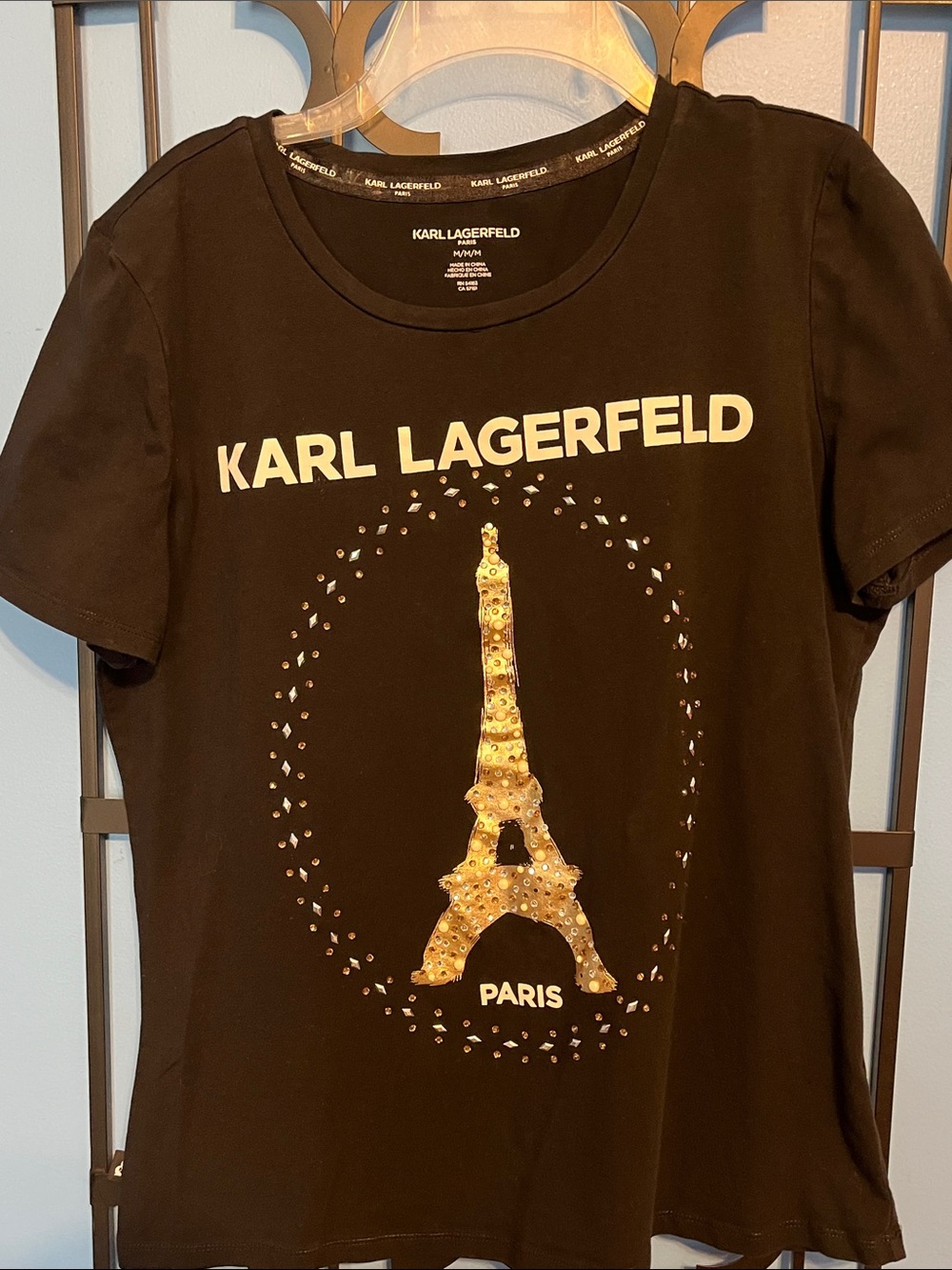 Karl Lagerfeld Eiffel Tower Graphic Tee in Black & Gold, Size Medium